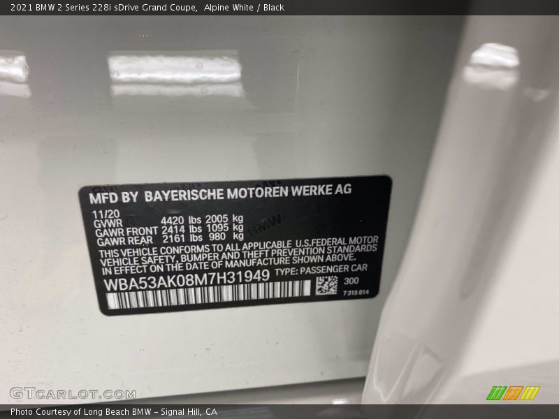 Alpine White / Black 2021 BMW 2 Series 228i sDrive Grand Coupe