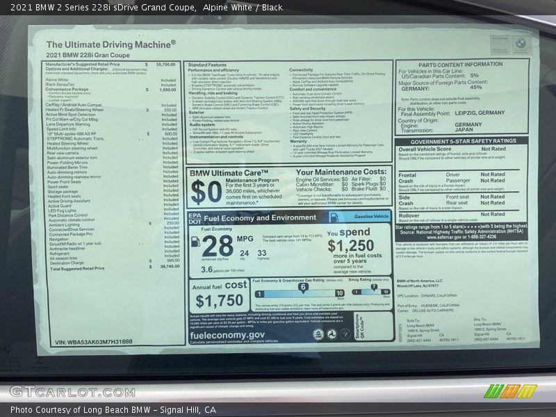 Alpine White / Black 2021 BMW 2 Series 228i sDrive Grand Coupe