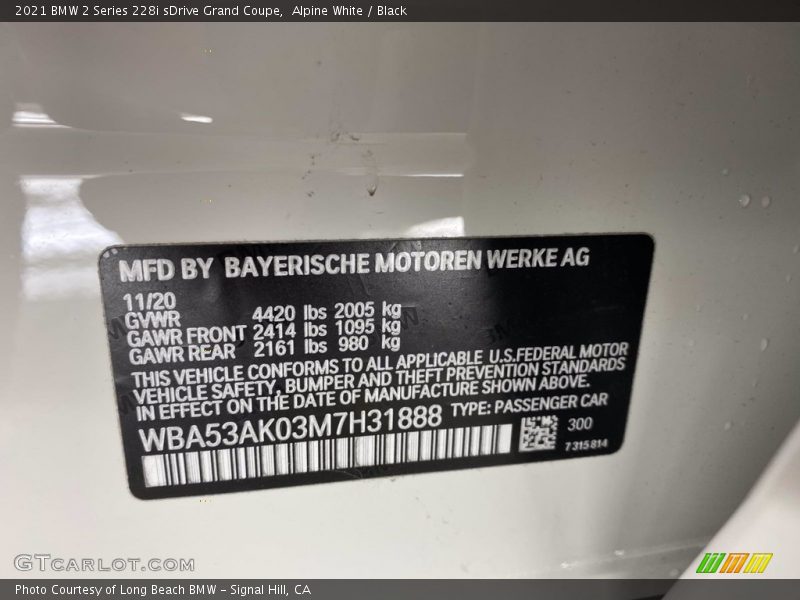 Alpine White / Black 2021 BMW 2 Series 228i sDrive Grand Coupe