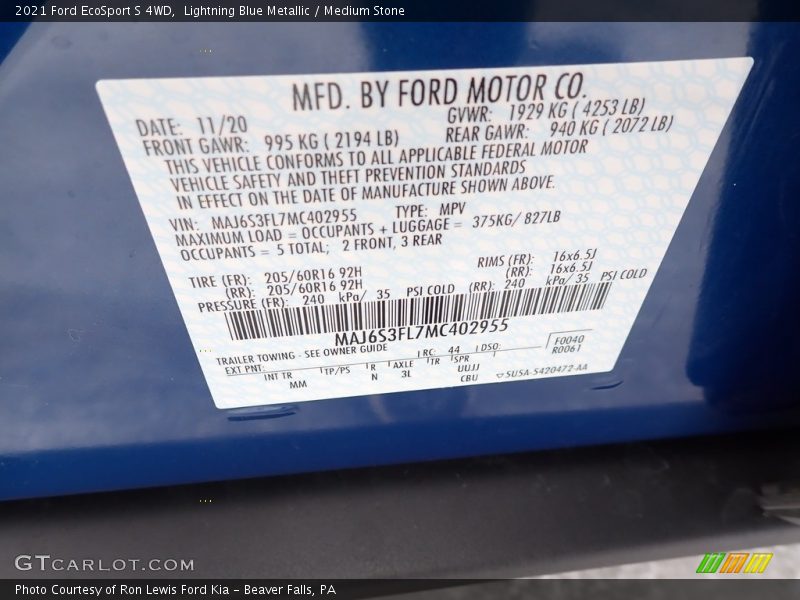 Lightning Blue Metallic / Medium Stone 2021 Ford EcoSport S 4WD