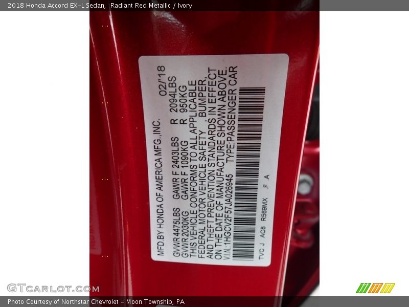 Radiant Red Metallic / Ivory 2018 Honda Accord EX-L Sedan