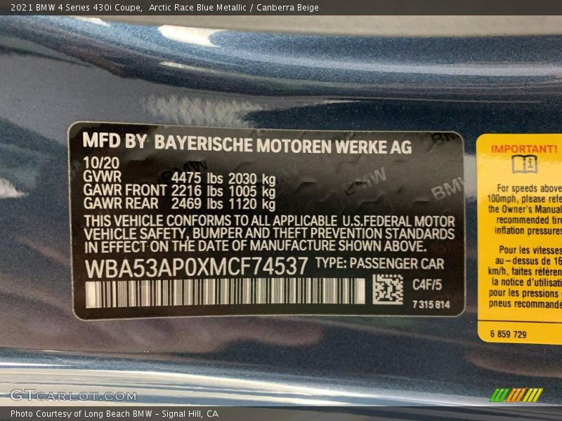 Arctic Race Blue Metallic / Canberra Beige 2021 BMW 4 Series 430i Coupe