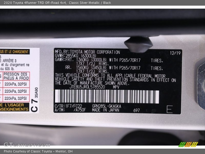 Classic Silver Metallic / Black 2020 Toyota 4Runner TRD Off-Road 4x4