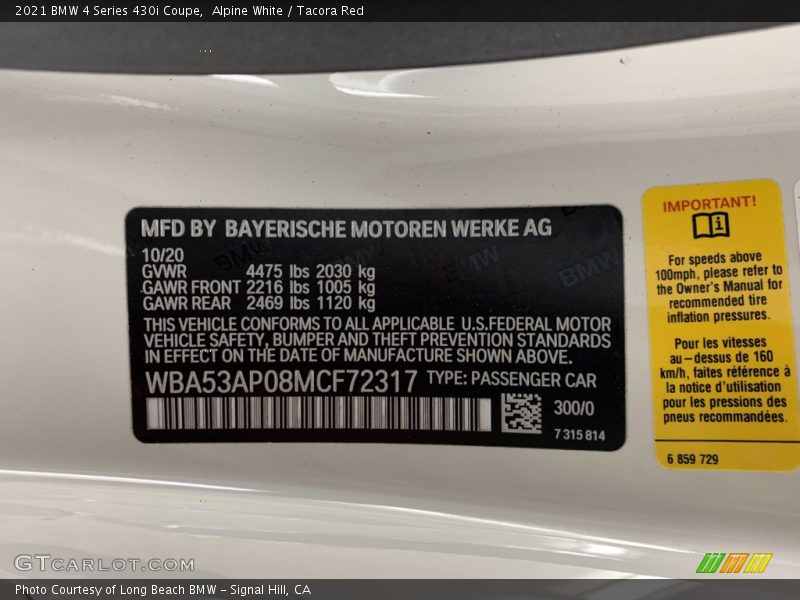 Alpine White / Tacora Red 2021 BMW 4 Series 430i Coupe