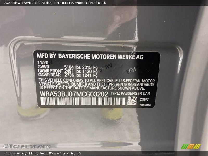 Bernina Gray Amber Effect / Black 2021 BMW 5 Series 540i Sedan