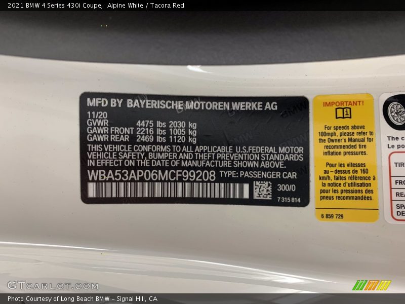 Alpine White / Tacora Red 2021 BMW 4 Series 430i Coupe