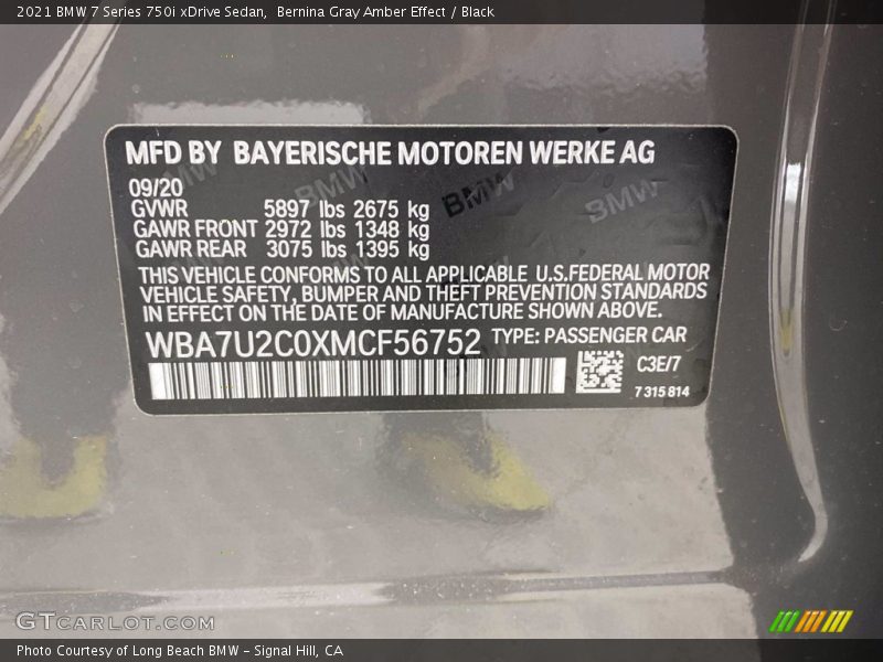 Bernina Gray Amber Effect / Black 2021 BMW 7 Series 750i xDrive Sedan