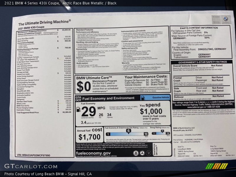  2021 4 Series 430i Coupe Window Sticker