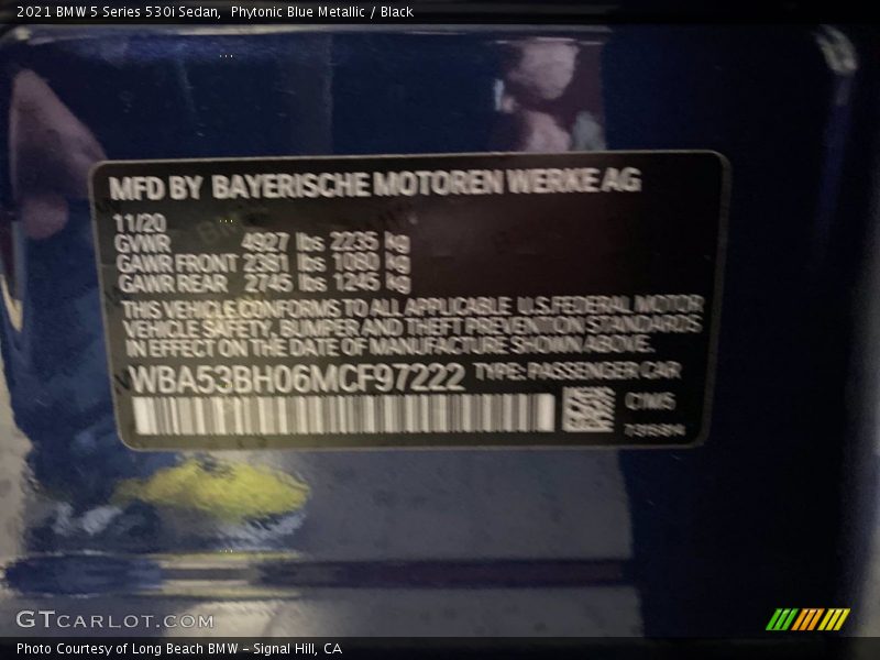 Phytonic Blue Metallic / Black 2021 BMW 5 Series 530i Sedan