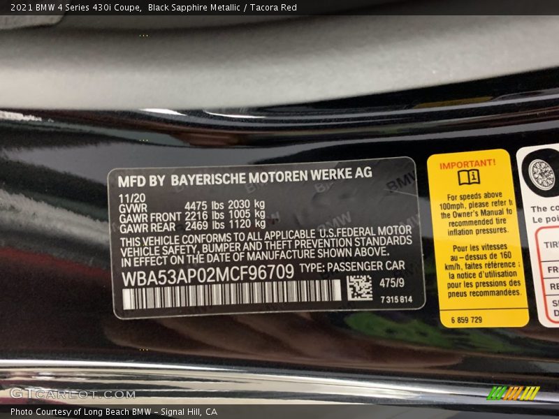 Black Sapphire Metallic / Tacora Red 2021 BMW 4 Series 430i Coupe