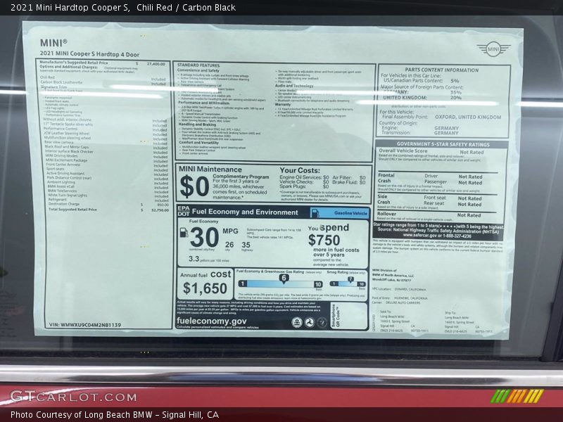  2021 Hardtop Cooper S Window Sticker