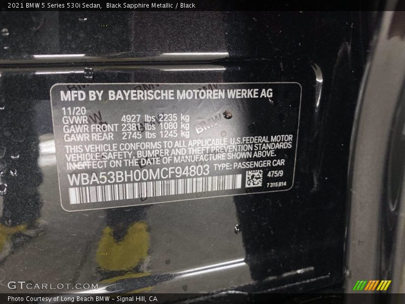 Black Sapphire Metallic / Black 2021 BMW 5 Series 530i Sedan
