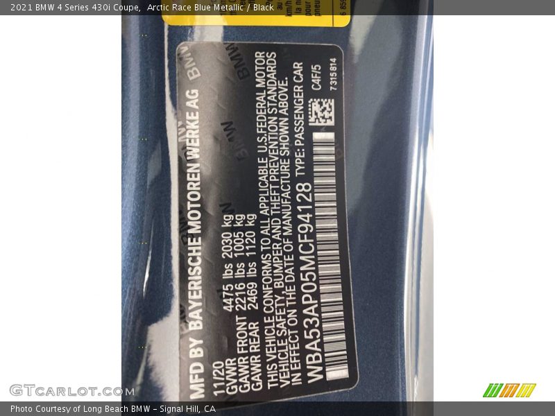 Arctic Race Blue Metallic / Black 2021 BMW 4 Series 430i Coupe