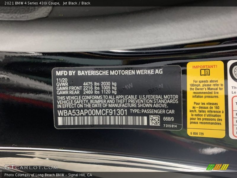 Jet Black / Black 2021 BMW 4 Series 430i Coupe