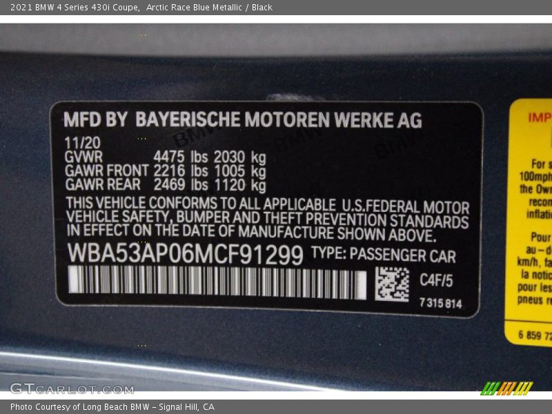 Arctic Race Blue Metallic / Black 2021 BMW 4 Series 430i Coupe