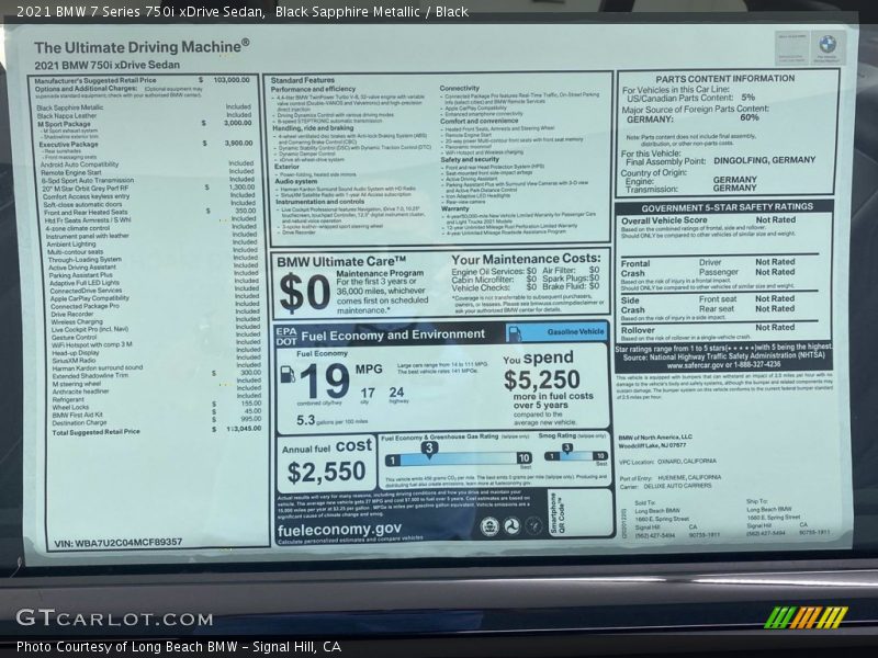  2021 7 Series 750i xDrive Sedan Window Sticker