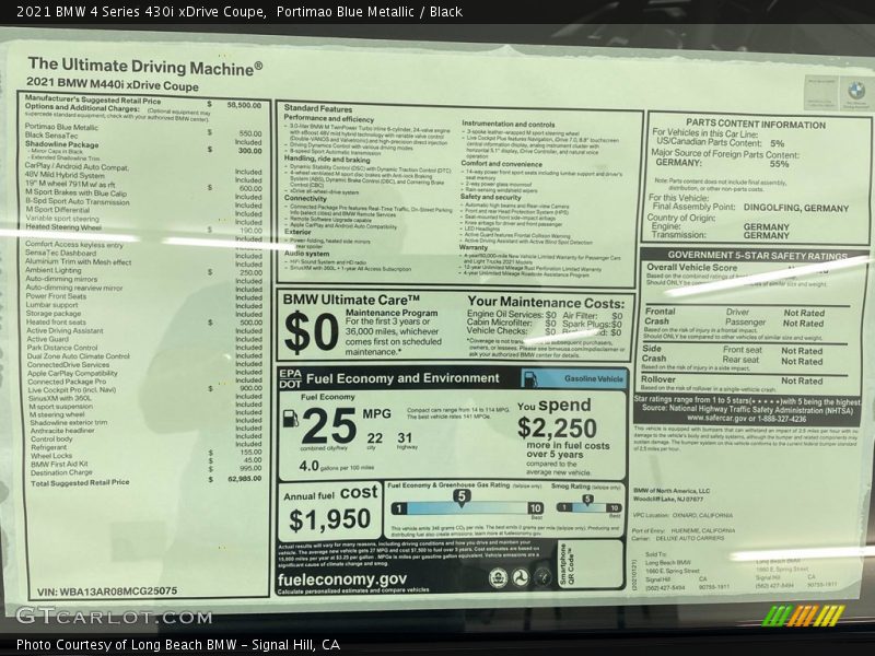  2021 4 Series 430i xDrive Coupe Window Sticker