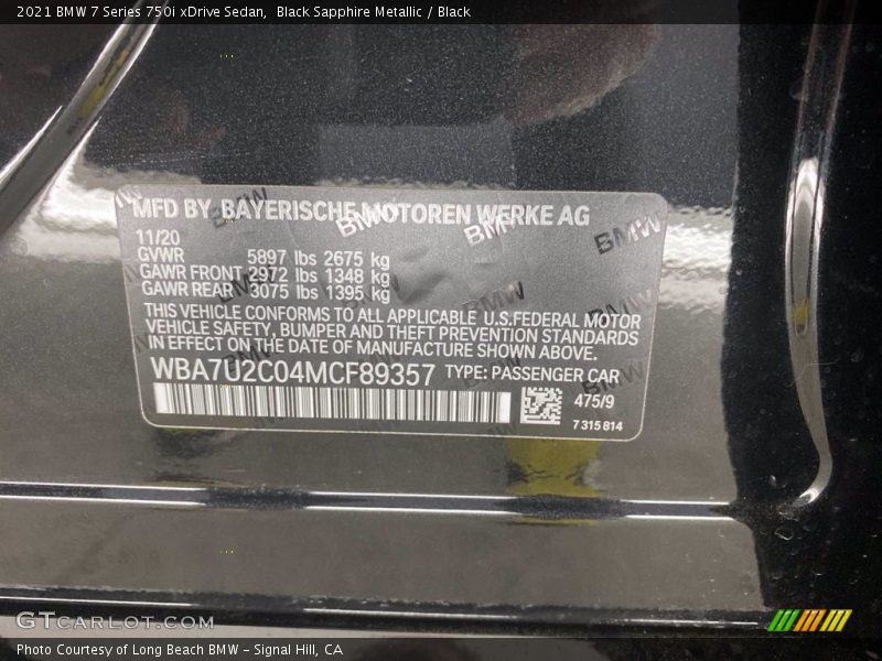 Black Sapphire Metallic / Black 2021 BMW 7 Series 750i xDrive Sedan