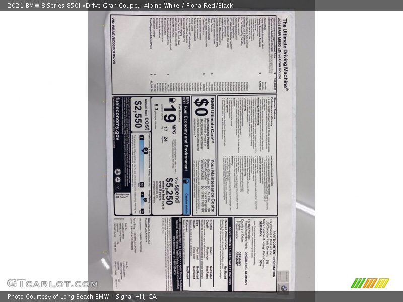  2021 8 Series 850i xDrive Gran Coupe Window Sticker