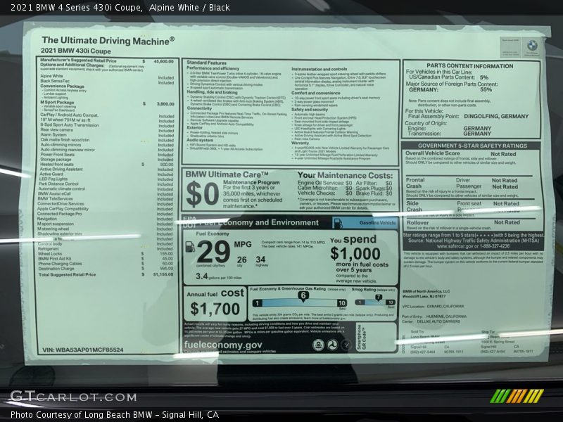 2021 4 Series 430i Coupe Window Sticker