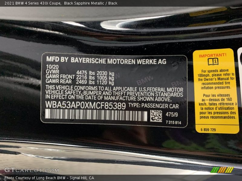 Black Sapphire Metallic / Black 2021 BMW 4 Series 430i Coupe