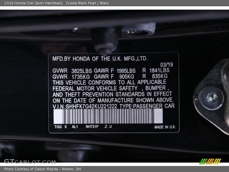 2019 Civic Sport Hatchback Crystal Black Pearl Color Code NH731P