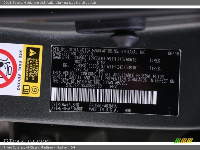 Alumina Jade Metallic / Ash 2018 Toyota Highlander XLE AWD