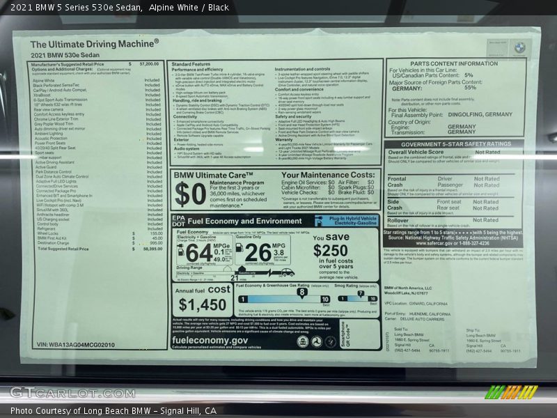 Alpine White / Black 2021 BMW 5 Series 530e Sedan