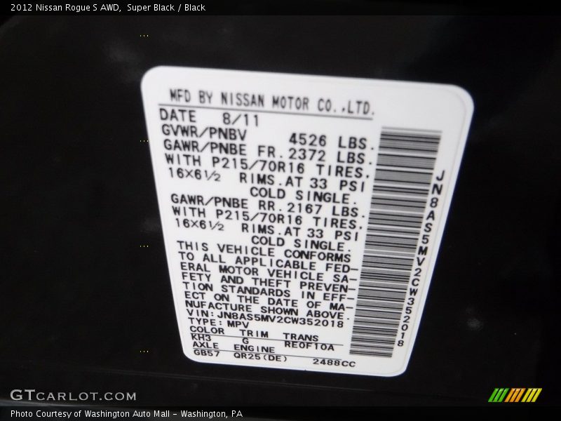 Super Black / Black 2012 Nissan Rogue S AWD