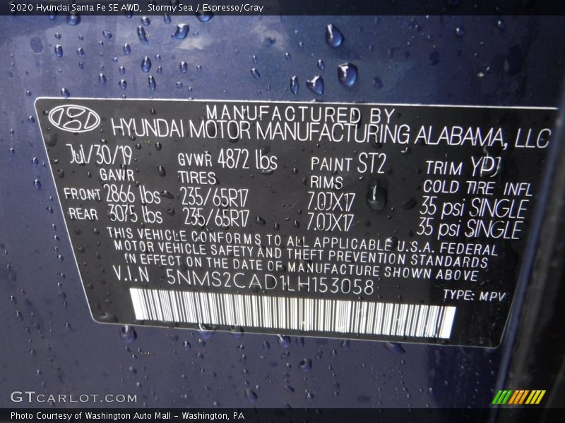 Stormy Sea / Espresso/Gray 2020 Hyundai Santa Fe SE AWD