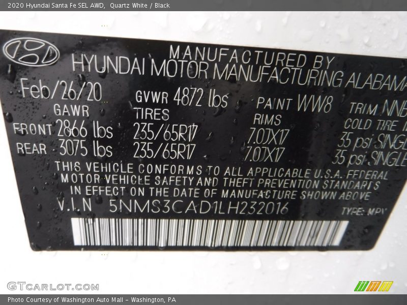Quartz White / Black 2020 Hyundai Santa Fe SEL AWD