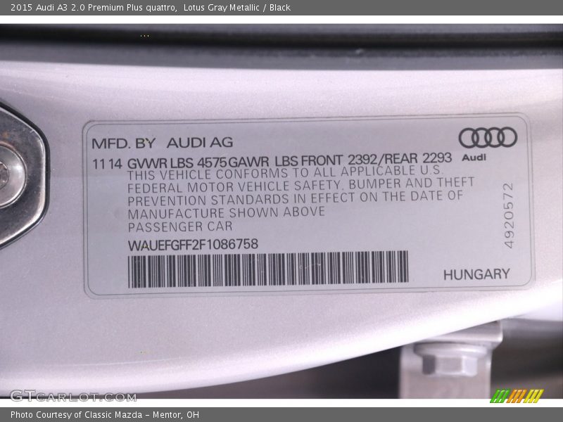 Lotus Gray Metallic / Black 2015 Audi A3 2.0 Premium Plus quattro