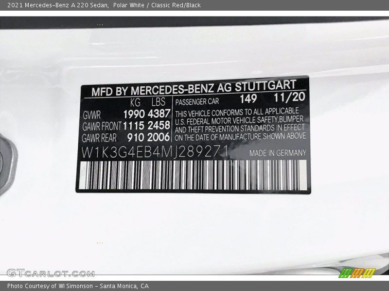Polar White / Classic Red/Black 2021 Mercedes-Benz A 220 Sedan