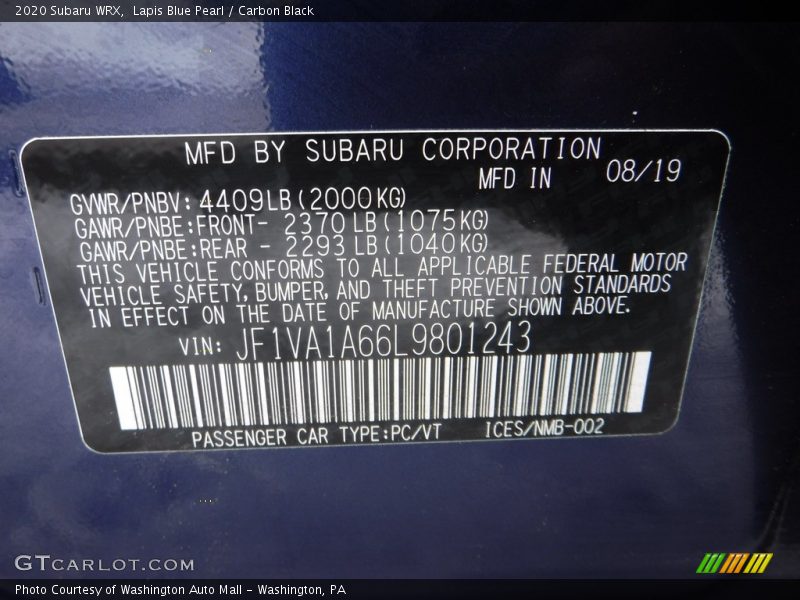 Lapis Blue Pearl / Carbon Black 2020 Subaru WRX