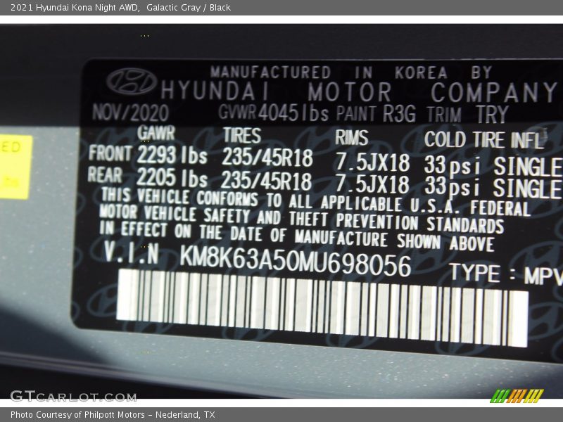 2021 Kona Night AWD Galactic Gray Color Code R3G