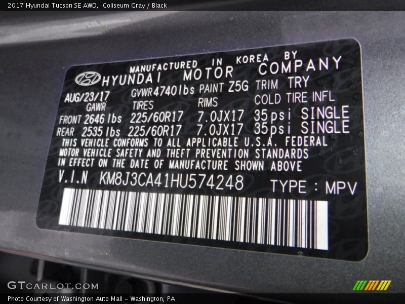 Coliseum Gray / Black 2017 Hyundai Tucson SE AWD