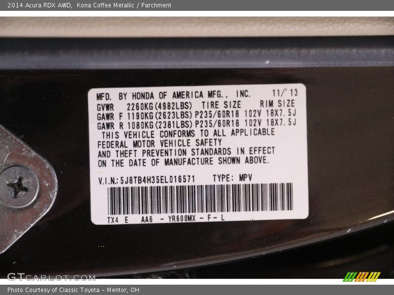 2014 RDX AWD Kona Coffee Metallic Color Code YR600MX