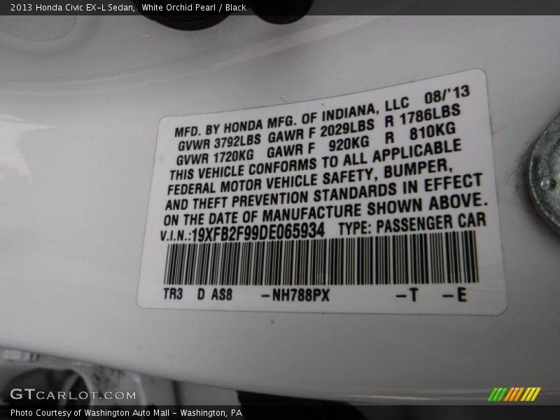 White Orchid Pearl / Black 2013 Honda Civic EX-L Sedan