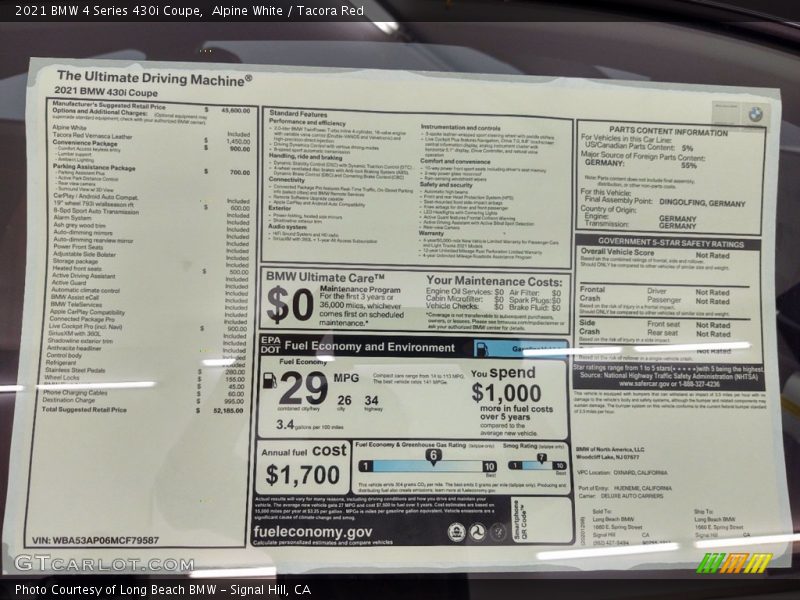 Alpine White / Tacora Red 2021 BMW 4 Series 430i Coupe