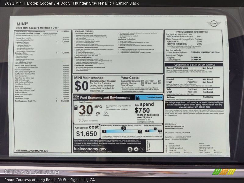  2021 Hardtop Cooper S 4 Door Window Sticker