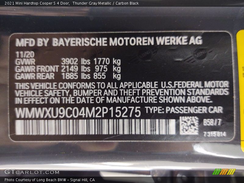 Thunder Gray Metallic / Carbon Black 2021 Mini Hardtop Cooper S 4 Door