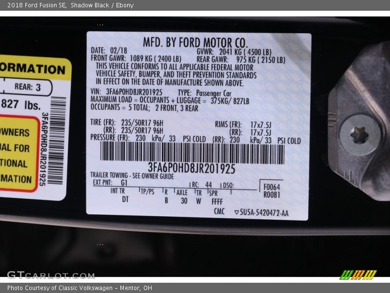 Shadow Black / Ebony 2018 Ford Fusion SE