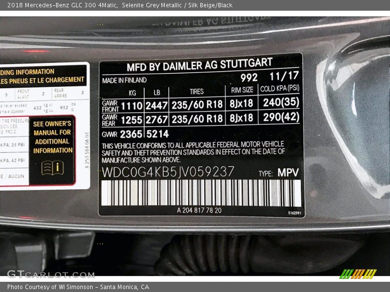 Selenite Grey Metallic / Silk Beige/Black 2018 Mercedes-Benz GLC 300 4Matic