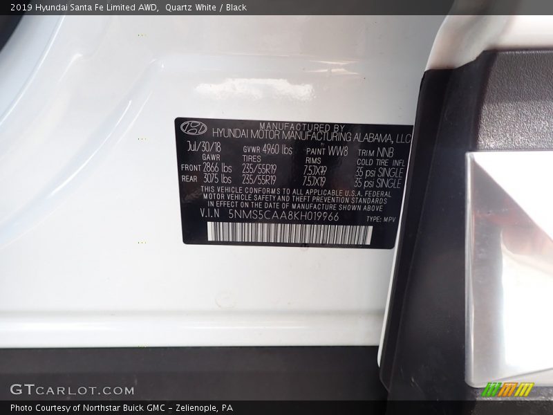Quartz White / Black 2019 Hyundai Santa Fe Limited AWD