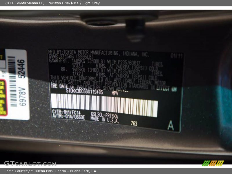 Predawn Gray Mica / Light Gray 2011 Toyota Sienna LE