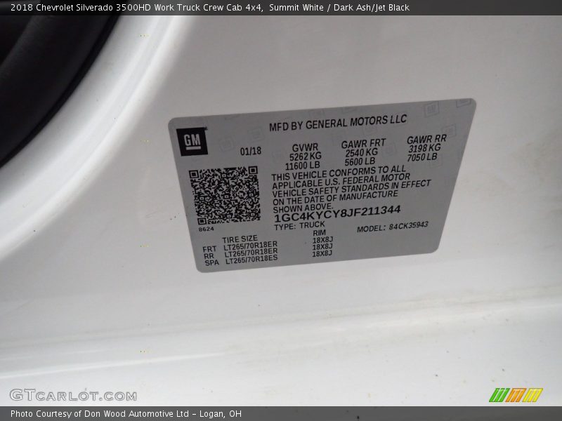 Summit White / Dark Ash/Jet Black 2018 Chevrolet Silverado 3500HD Work Truck Crew Cab 4x4