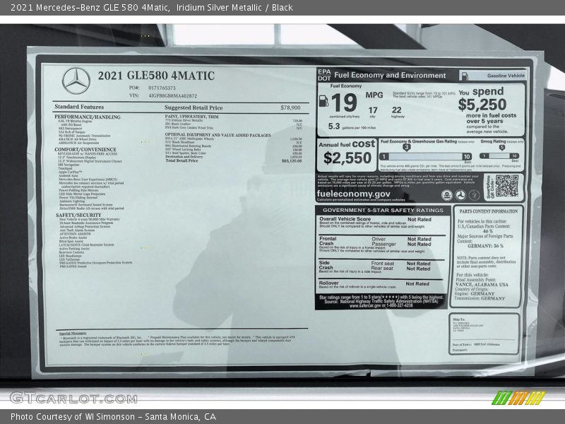  2021 GLE 580 4Matic Window Sticker