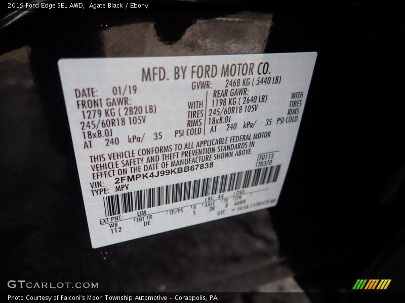 Agate Black / Ebony 2019 Ford Edge SEL AWD