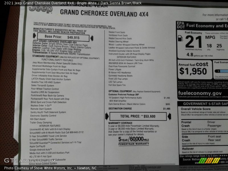 Bright White / Dark Sienna Brown/Black 2021 Jeep Grand Cherokee Overland 4x4