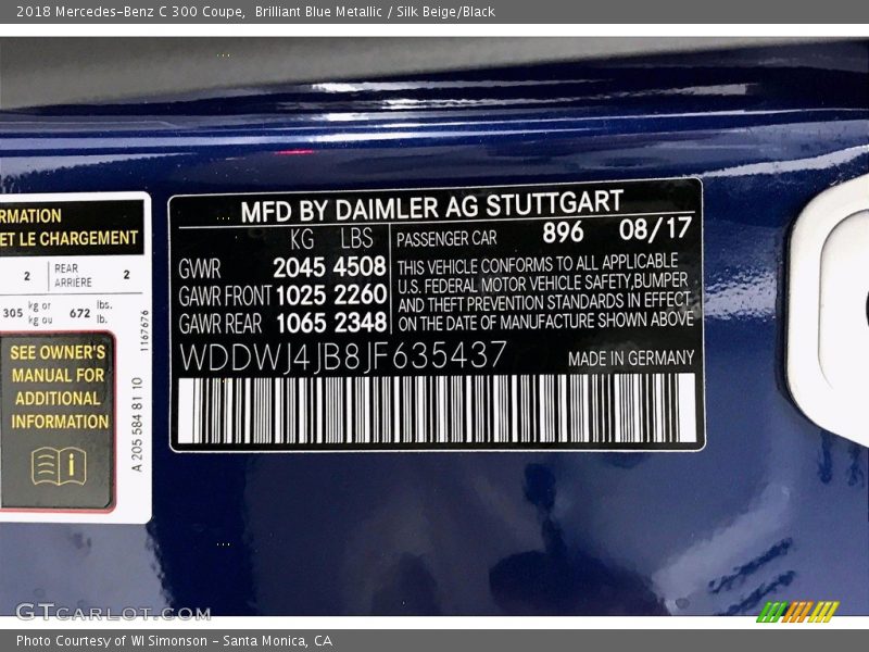 Brilliant Blue Metallic / Silk Beige/Black 2018 Mercedes-Benz C 300 Coupe